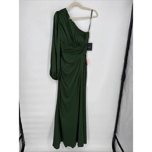 Mac Duggal Size 0 Green 11251 One Shoulder Long Sleeve Draped Charmeuse Gown - Picture 4 of 10